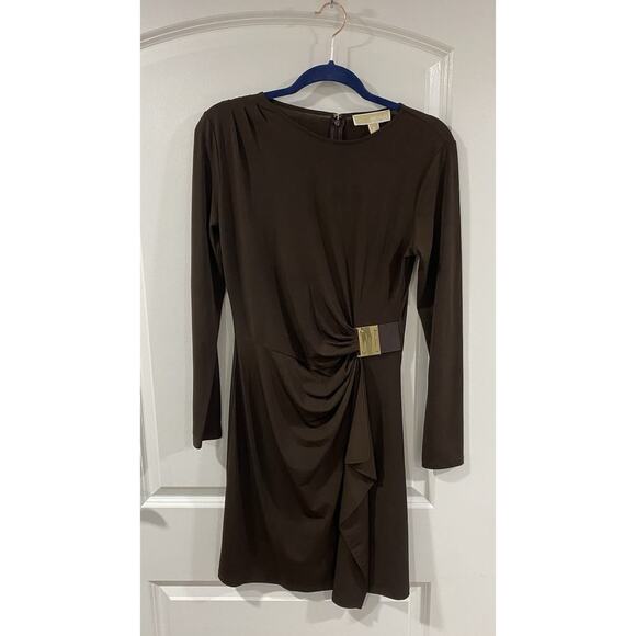 Michael Kors Brown Faux Wrap Dress M Long Sleeve Gold Buckle NWT Career Party - Picture 1 of 12